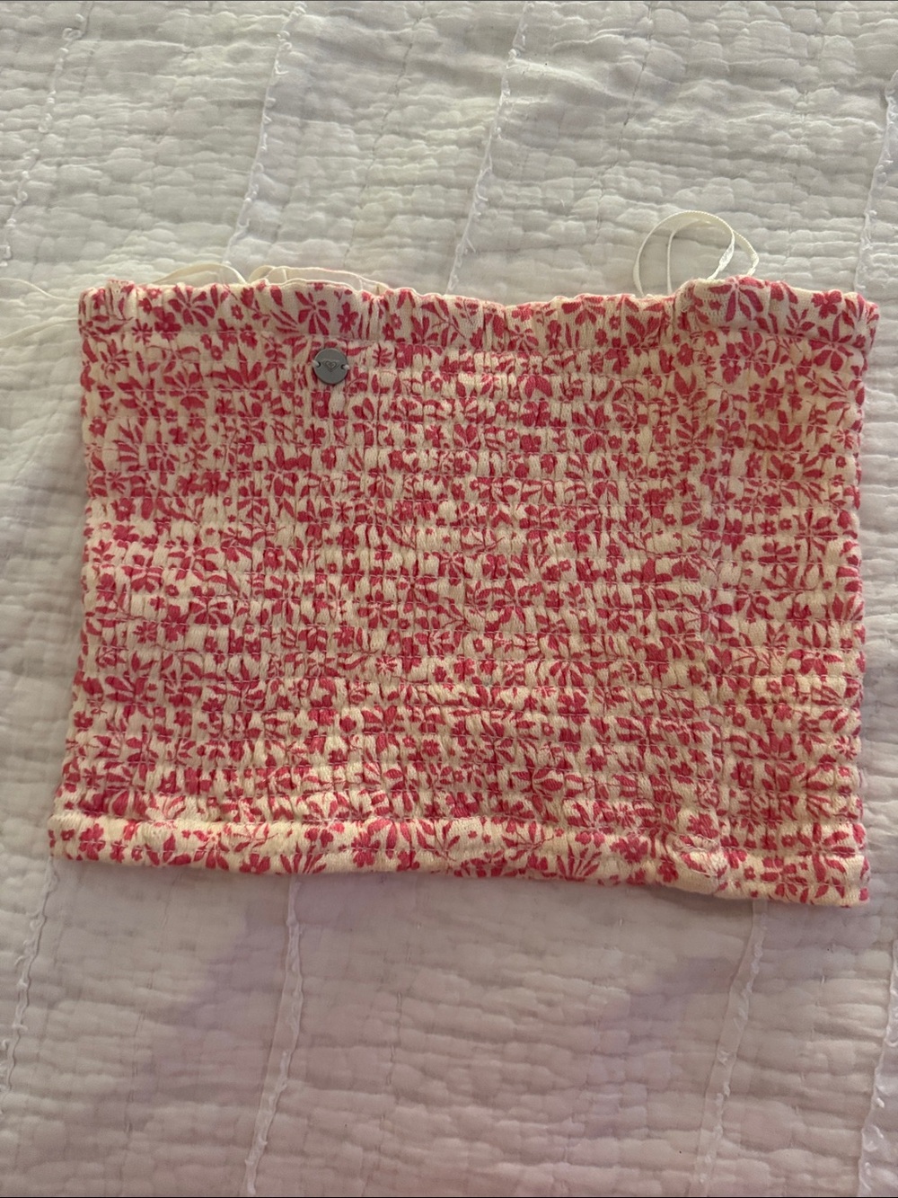 Roxy Cream and Pink Smocked Floral Tube Crop top